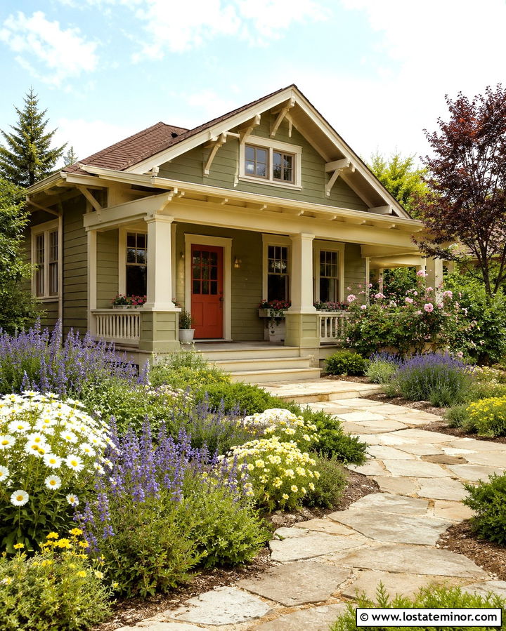 Olive Green Bungalow With Cottage Garden - 30 Olive Green House Design With Landscaping Ideas