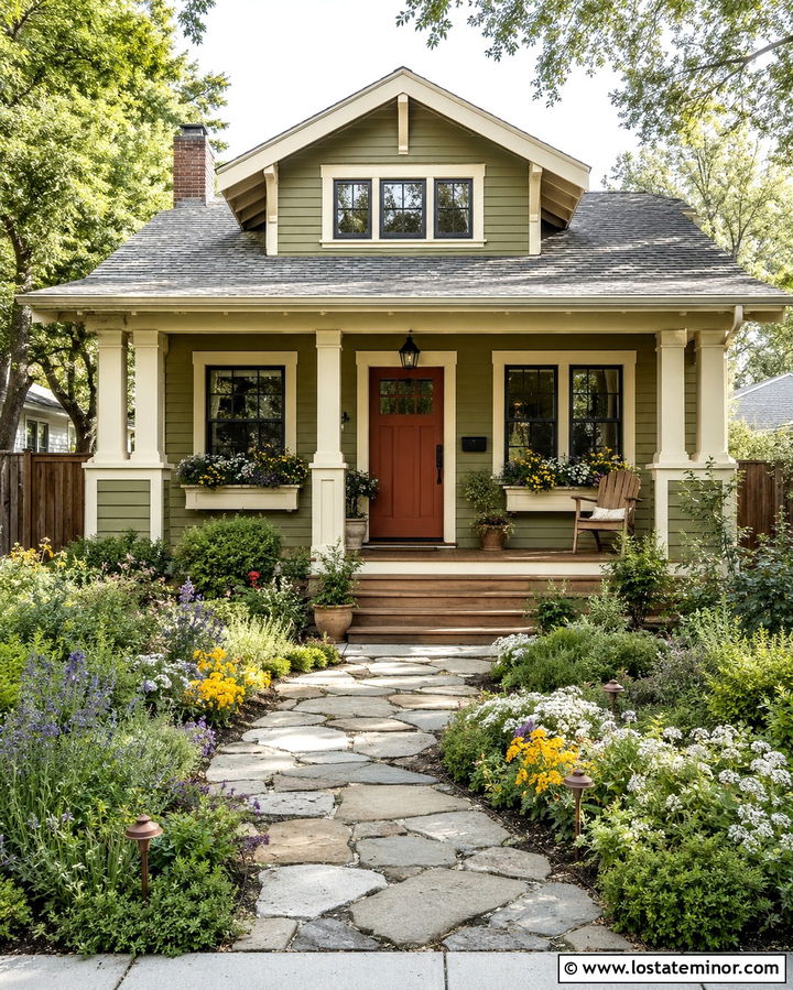 Olive Green Bungalow With Cottage Garden - 30 Olive Green House Design With Front Yard Ideas