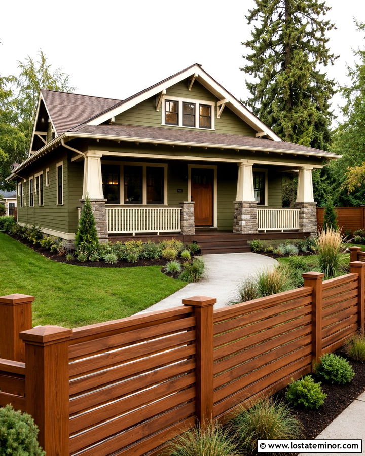 Olive Green Bungalow With Craftsman Fence - 30 Olive Green House Design With Fence Ideas