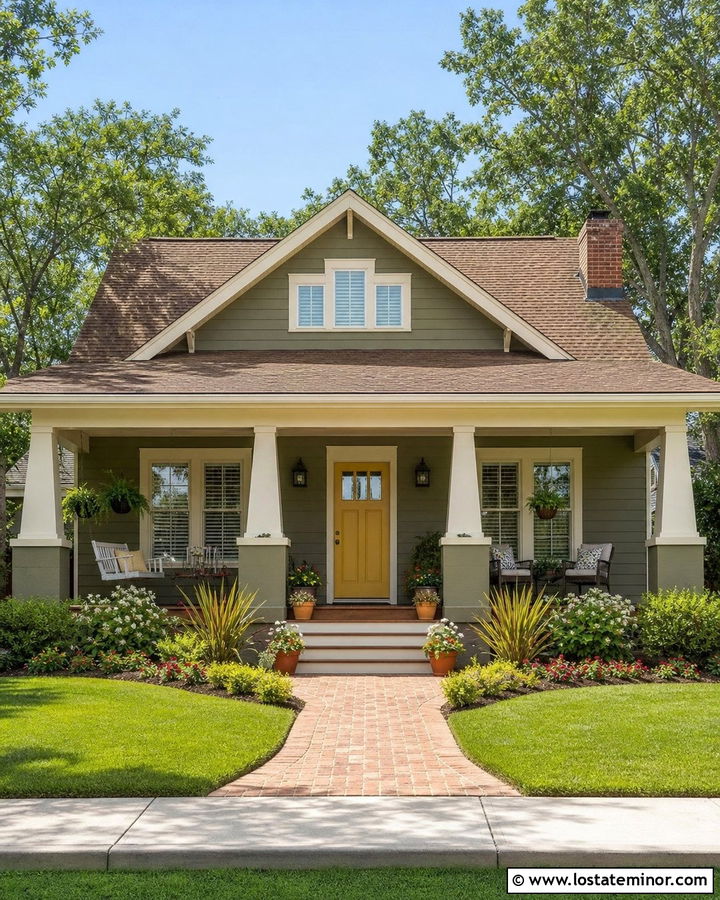 Olive Green Bungalow With Mustard Yellow Door - 30 Olive Green House Design With Accents Ideas