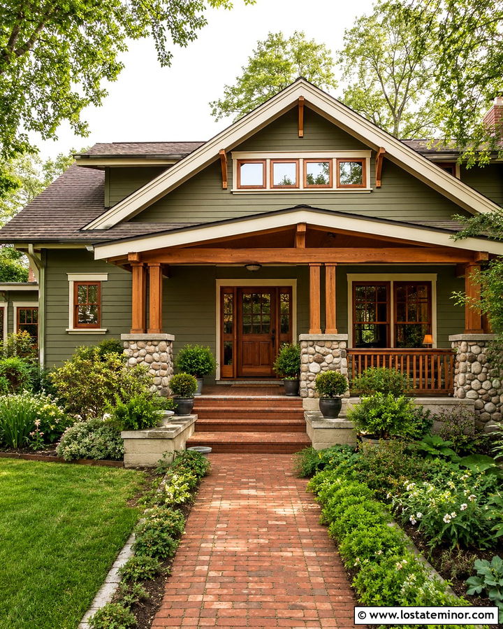 Olive Green Bungalow With Natural Wood Window Frames - 30 Olive Green House Design With Window Frames Ideas