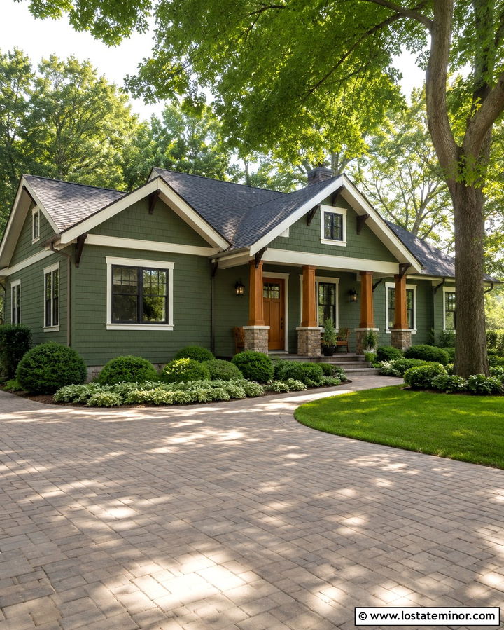 Olive Green Bungalow With Paver Driveway - 30 Olive Green House Design With Driveway Ideas