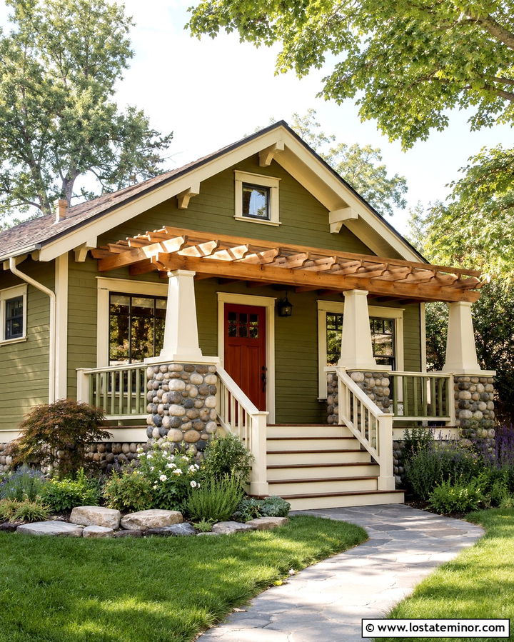 Olive Green Bungalow With Porch Pergola - 30 Olive Green House Design With Pergola Ideas