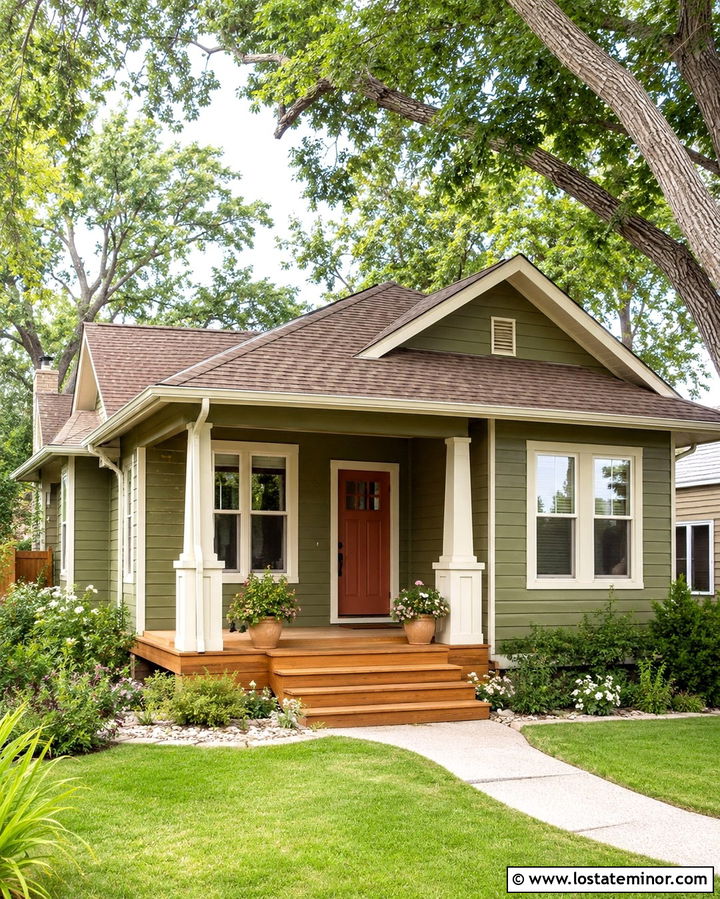 Olive Green Bungalow With Small Front Deck - 30 Olive Green House Design With Deck Ideas