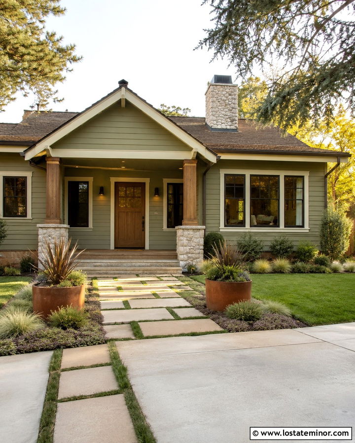 Olive Green Bungalow With Stepping Stone Walkway - 30 Olive Green House Design With Walkway Ideas