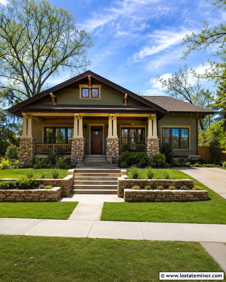 Olive Green Bungalow With Stone Porch Piers - 30 Olive Green House Design With Stone Accents Ideas