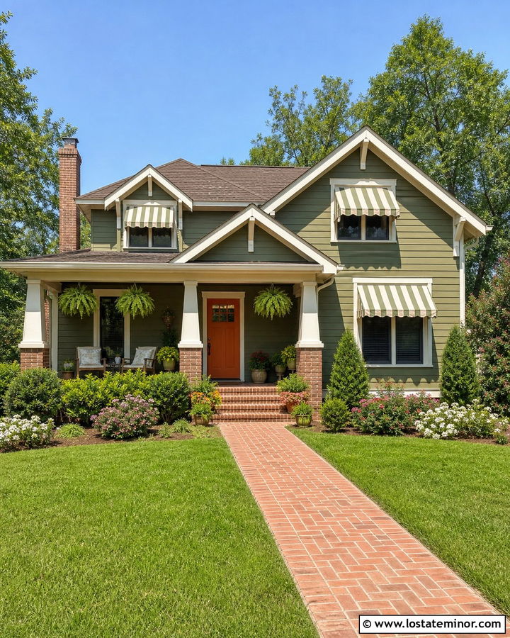 Olive Green Bungalow With Striped Fabric Awning - 30 Olive Green House Design With Awning Ideas