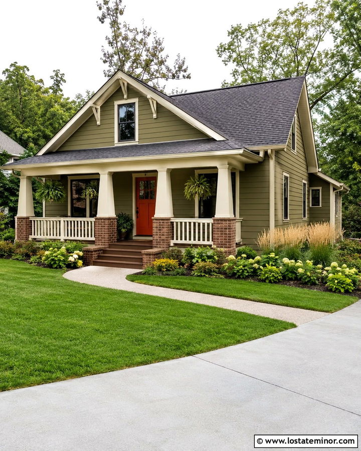 Olive Green Bungalow With Tapered Porch Columns - 30 Olive Green House Design With Porch Columns Ideas