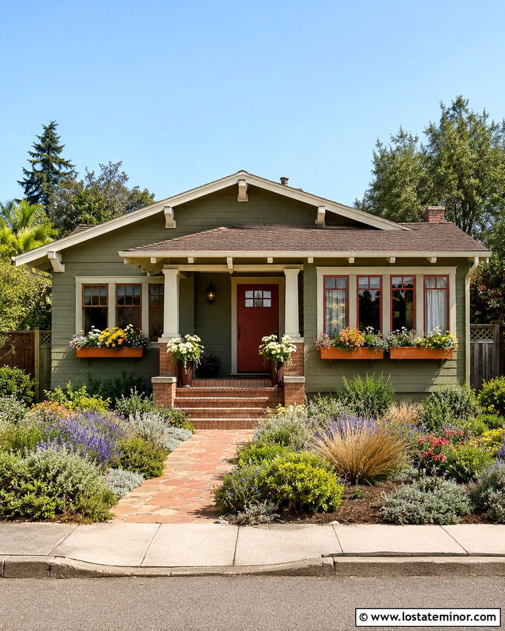 Olive Green Bungalow With Terracotta Window Boxes - 30 Olive Green House Design With Window Boxes Ideas