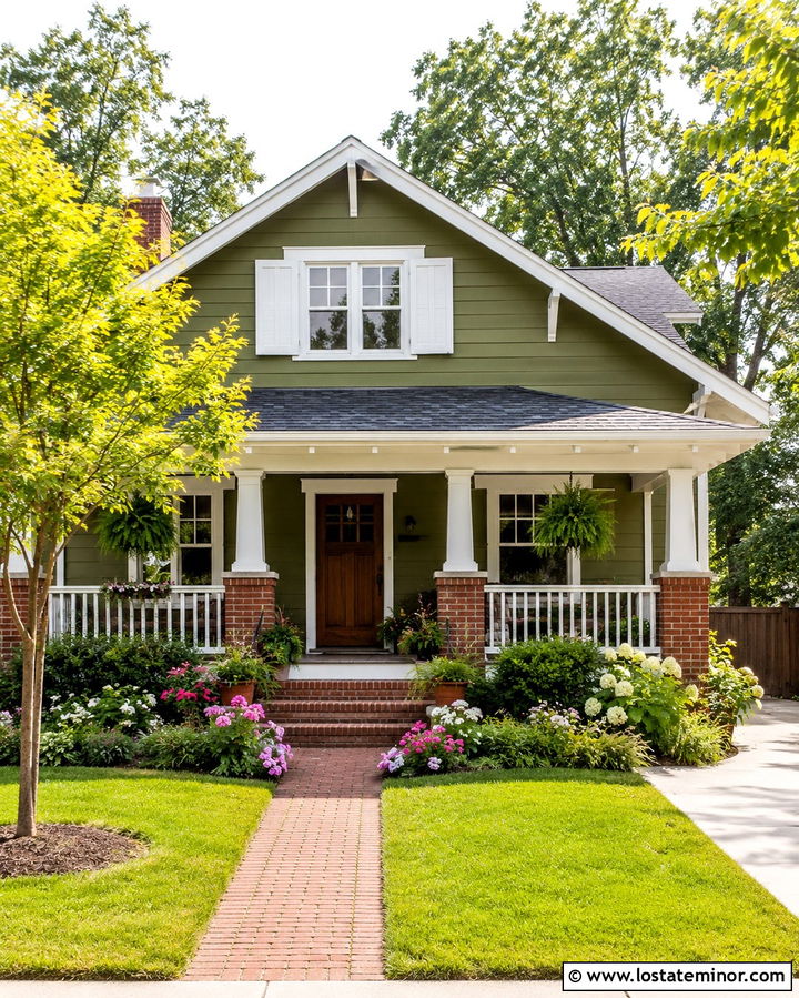 Olive Green Bungalow With White Shutters - 30 Olive Green House Design With Shutters Ideas