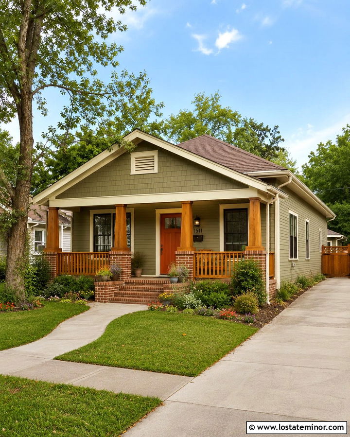 Olive Green Bungalow With Wood Railings - 30 Olive Green House Design With Railings Ideas
