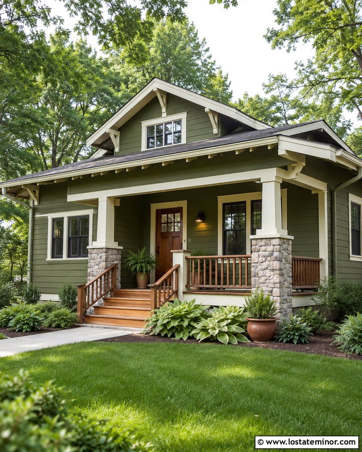 Olive Green Bungalow With Wood Steps - 30 Olive Green House Design With Steps Ideas