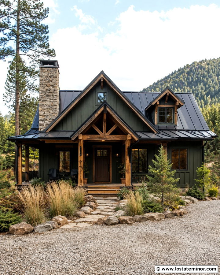 Olive Green Cabin House With Metal Roof Porch - 30 Olive Green House Design With Front Porch Ideas