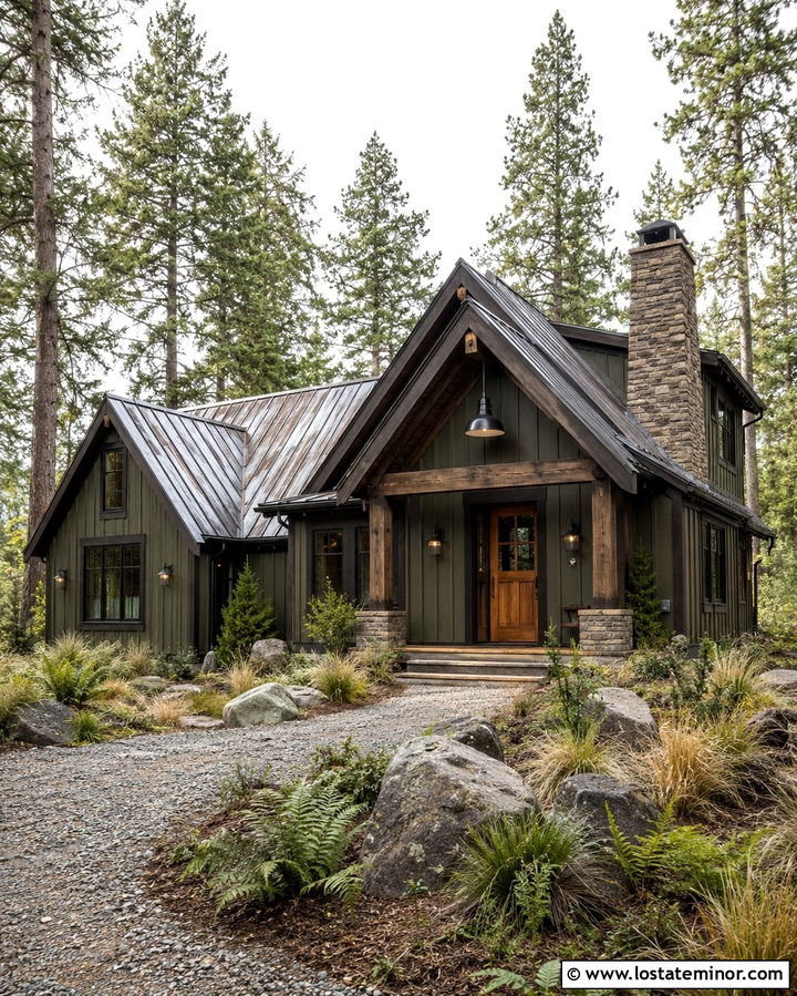 Olive Green Cabin House With Porch Pendant - 30 Olive Green House Design With Light Fixtures Ideas