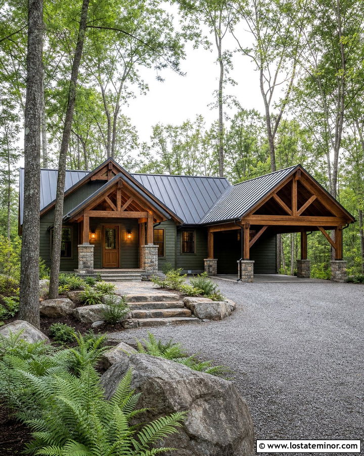 Olive Green Cabin House With Timber Carport - 30 Olive Green House Design With Carport Ideas