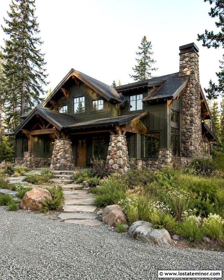 Olive Green Cabin With Boulder Stone - 30 Olive Green House Design With Stone Accents Ideas