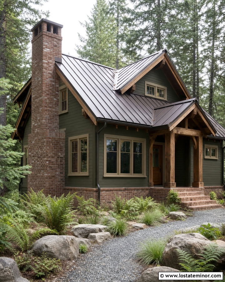 Olive Green Cabin With Brick Foundation - 30 Olive Green House Design With Brick Accents Ideas