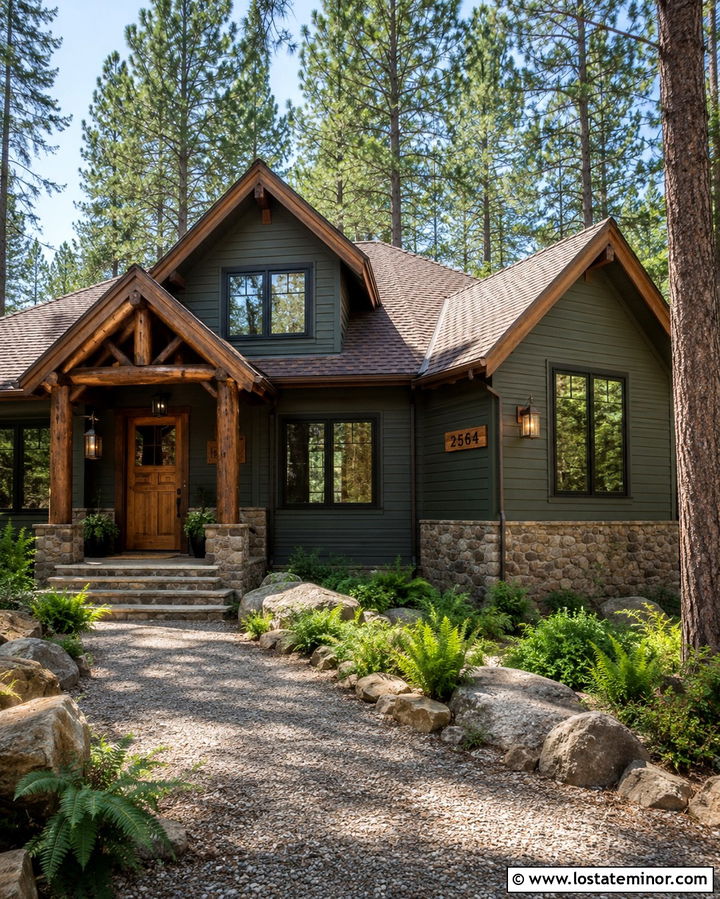 Olive Green Cabin With Carved Wood House Numbers - 30 Olive Green House Design With House Numbers Ideas