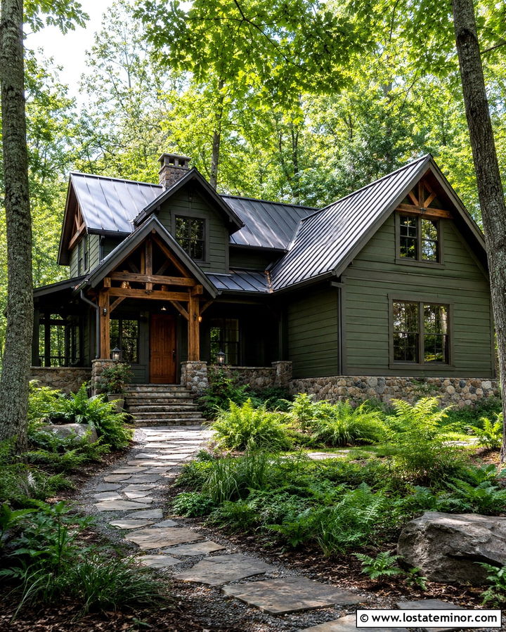 Olive Green Cabin With Fern Landscaping - 30 Olive Green House Design With Landscaping Ideas