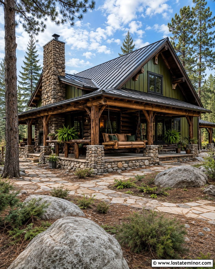 Olive Green Cabin With Log Porch Swing - 30 Olive Green House Design With Swing Ideas