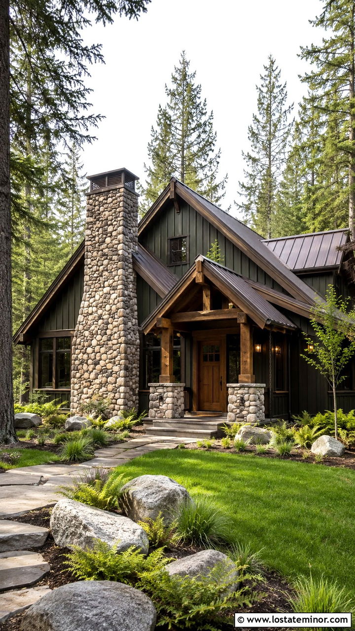 Olive Green Cabin With River Rock Chimney - 30 Olive Green House Design With Chimney Ideas