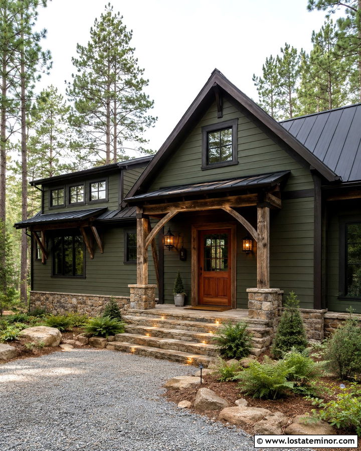 Olive Green Cabin With Rustic Lanterns - 30 Olive Green House Design With Lighting Ideas