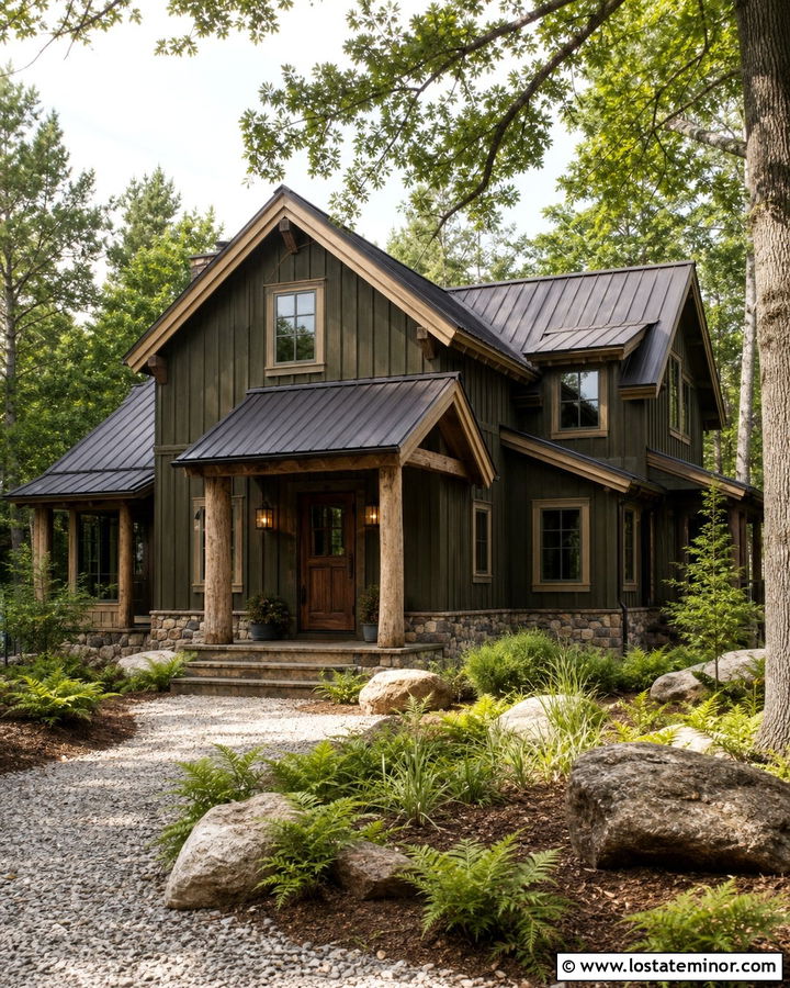 Olive Green Cabin With Rustic Metal Awning - 30 Olive Green House Design With Awning Ideas