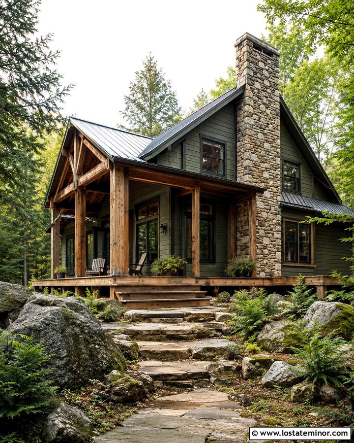 Olive Green Cabin With Rustic Wood Deck - 30 Olive Green House Design With Deck Ideas