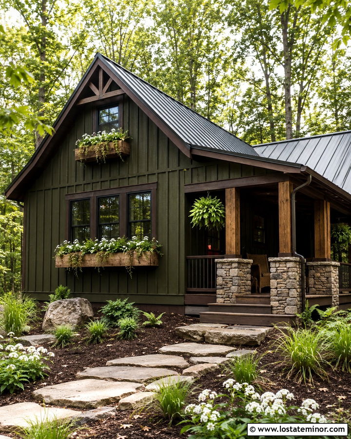 Olive Green Cabin With Rustic Wood Window Boxes - 30 Olive Green House Design With Window Boxes Ideas