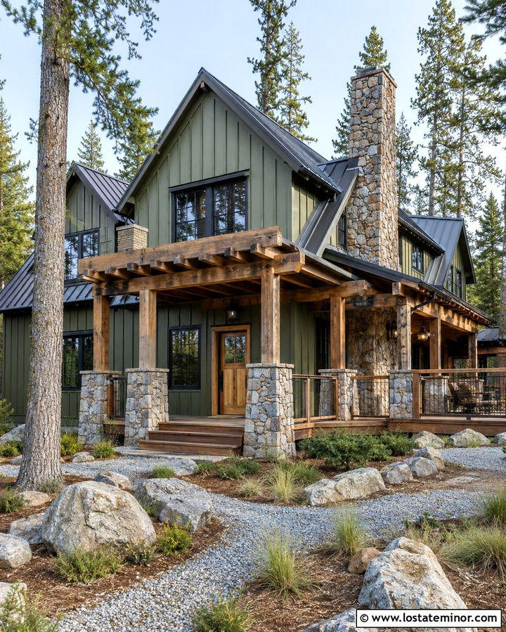 Olive Green Cabin With Stone Pergola - 30 Olive Green House Design With Pergola Ideas