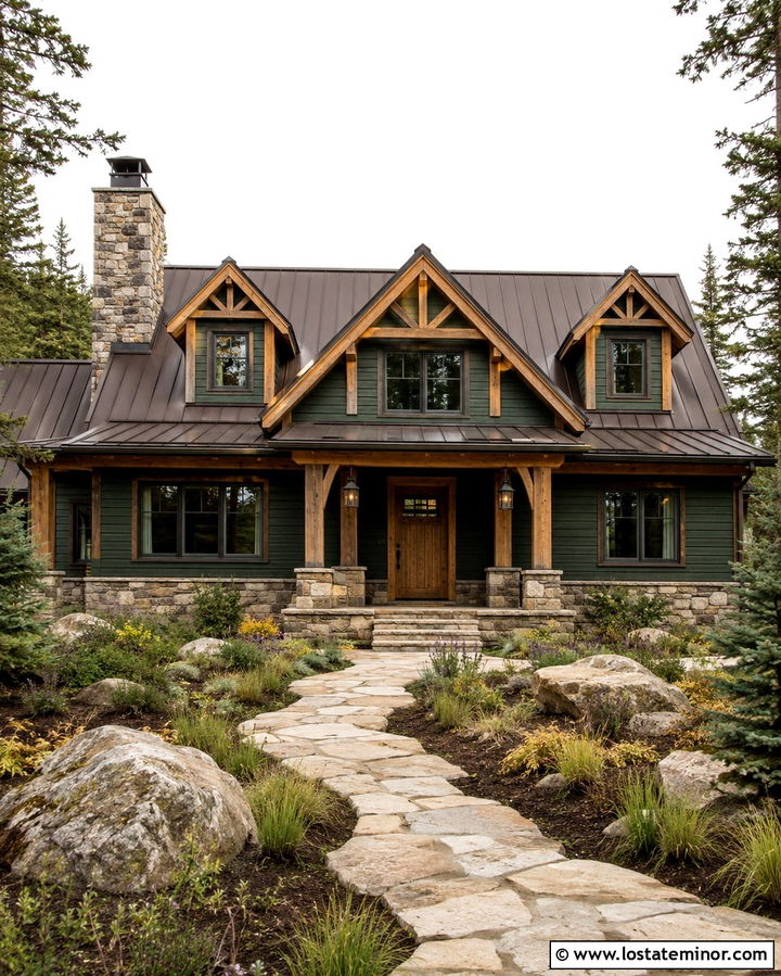 Olive Green Cabin With Timber Dormers - 30 Olive Green House Design With Dormers Ideas