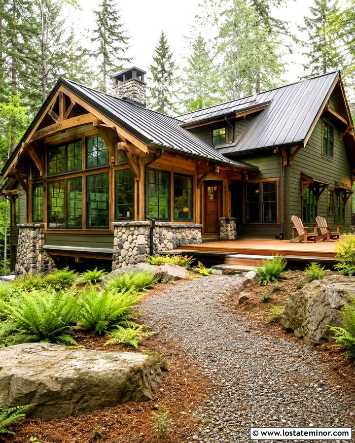 Olive Green Cabin With Wood Sunroom - 30 Olive Green House Design With Sunroom Ideas
