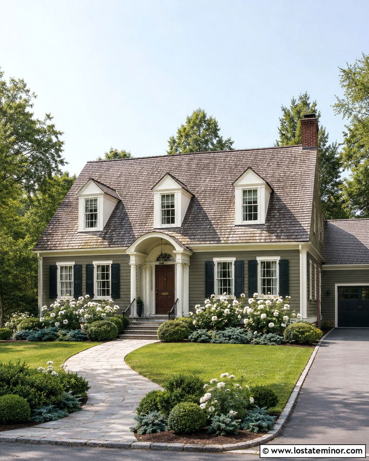 Olive Green Cape Cod House With Arched Portico - 30 Olive Green House Design With Portico Ideas