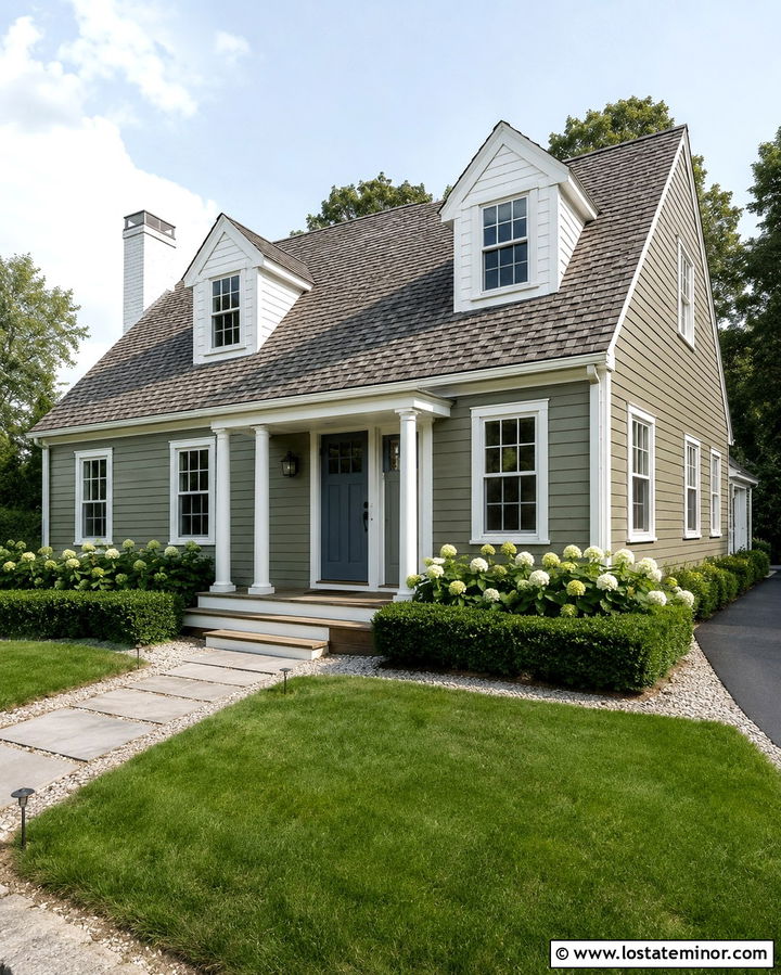 Olive Green Cape Cod House With Blue Gray Porch Door - 30 Olive Green House Design With Front Porch Ideas