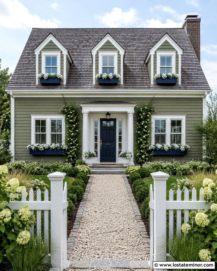 Olive Green Cape Cod With Blue Window Boxes - 30 Olive Green House Design With Window Boxes Ideas
