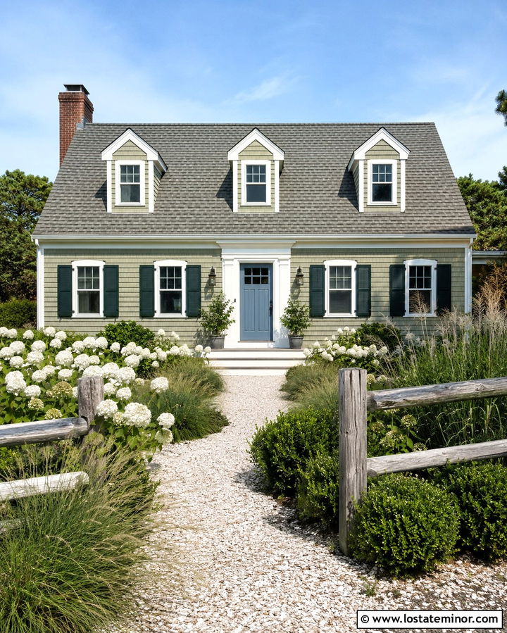 Olive Green Cape Cod With Coastal Plants - 30 Olive Green House Design With Landscaping Ideas