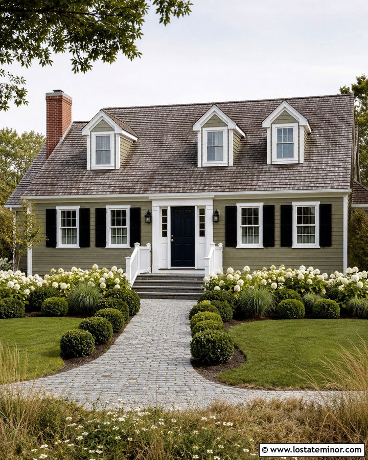 Olive Green Cape Cod With Cobblestone Walkway - 30 Olive Green House Design With Walkway Ideas