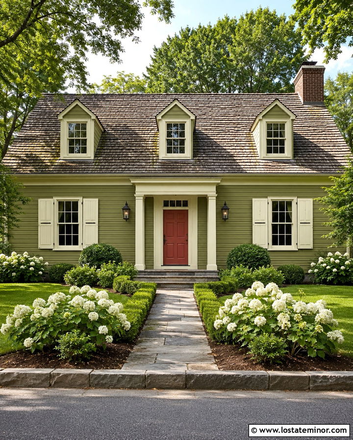 Olive Green Cape Cod With Cream Shutters - 30 Olive Green House Design With Shutters Ideas