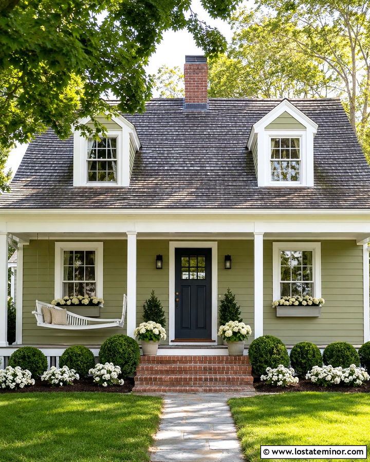 Olive Green Cape Cod With Curved Porch Swing - 30 Olive Green House Design With Swing Ideas