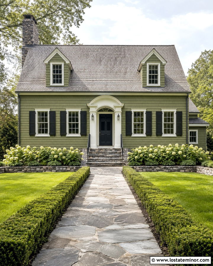 Olive Green Cape Cod With Fieldstone - 30 Olive Green House Design With Stone Accents Ideas