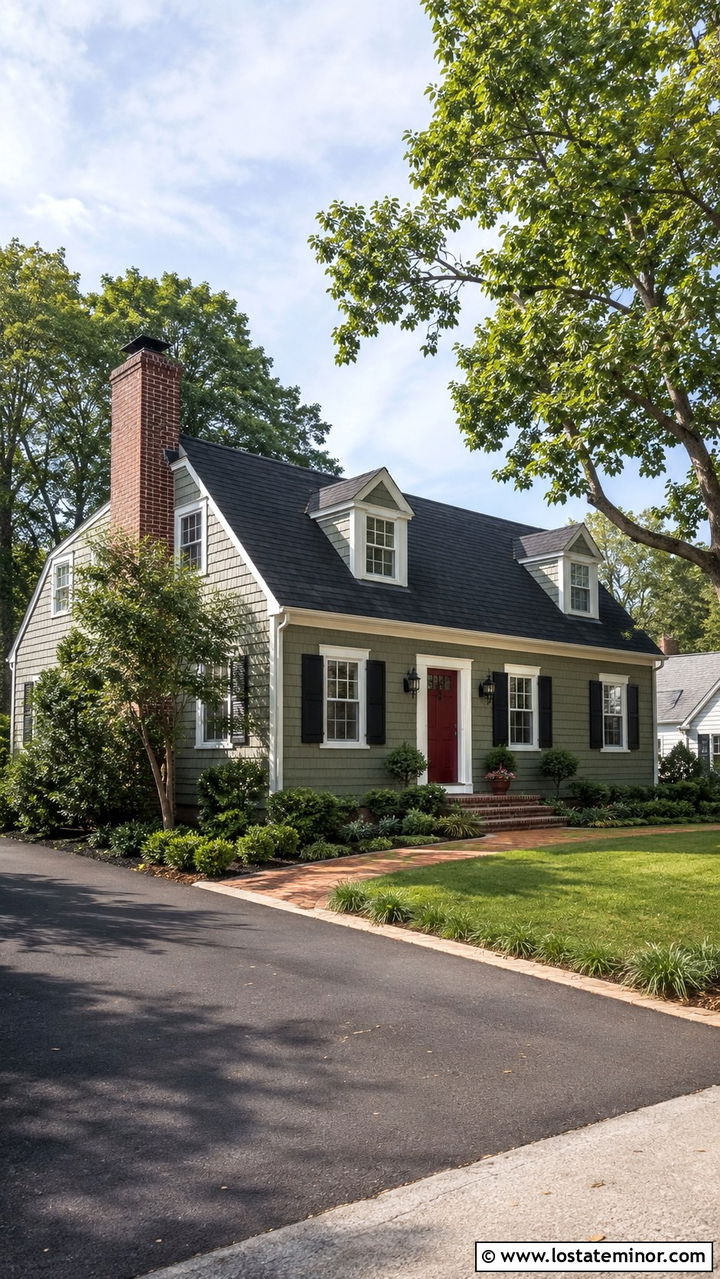 Olive Green Cape Cod With Red Brick Chimney - 30 Olive Green House Design With Chimney Ideas