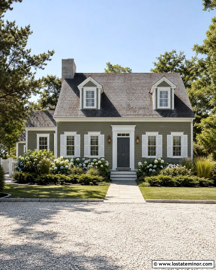 Olive Green Cape Cod With Shell Driveway - 30 Olive Green House Design With Driveway Ideas