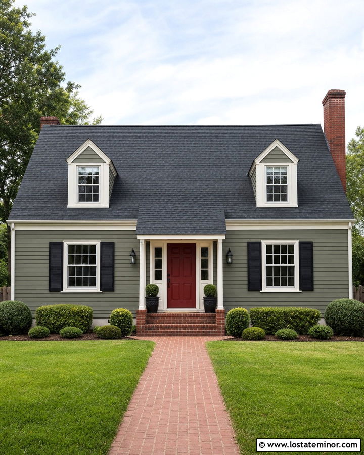 Olive Green Cape Cod With Shingled Door Awning - 30 Olive Green House Design With Awning Ideas