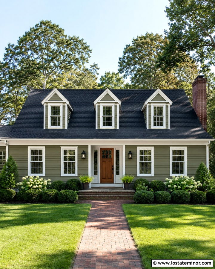 Olive Green Cape Cod With White Dormers - 30 Olive Green House Design With Dormers Ideas
