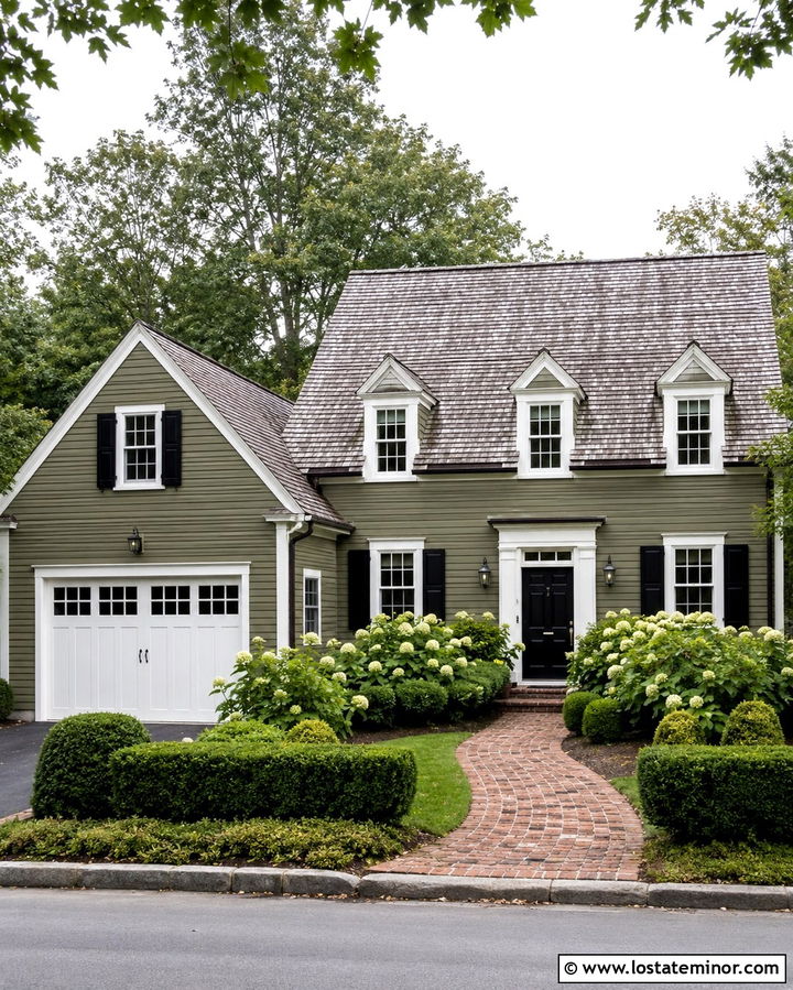 Olive Green Cape Cod With White Garage Door - 30 Olive Green House Design With Garage Door Ideas