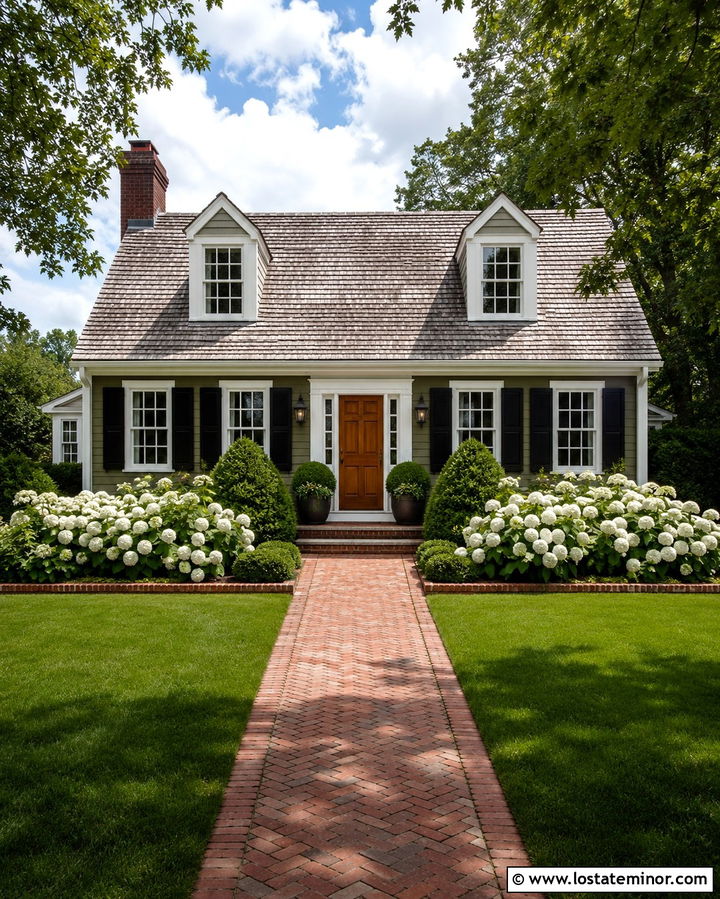 Olive Green Cape Cod With White Hydrangeas - 30 Olive Green House Design With Front Yard Ideas