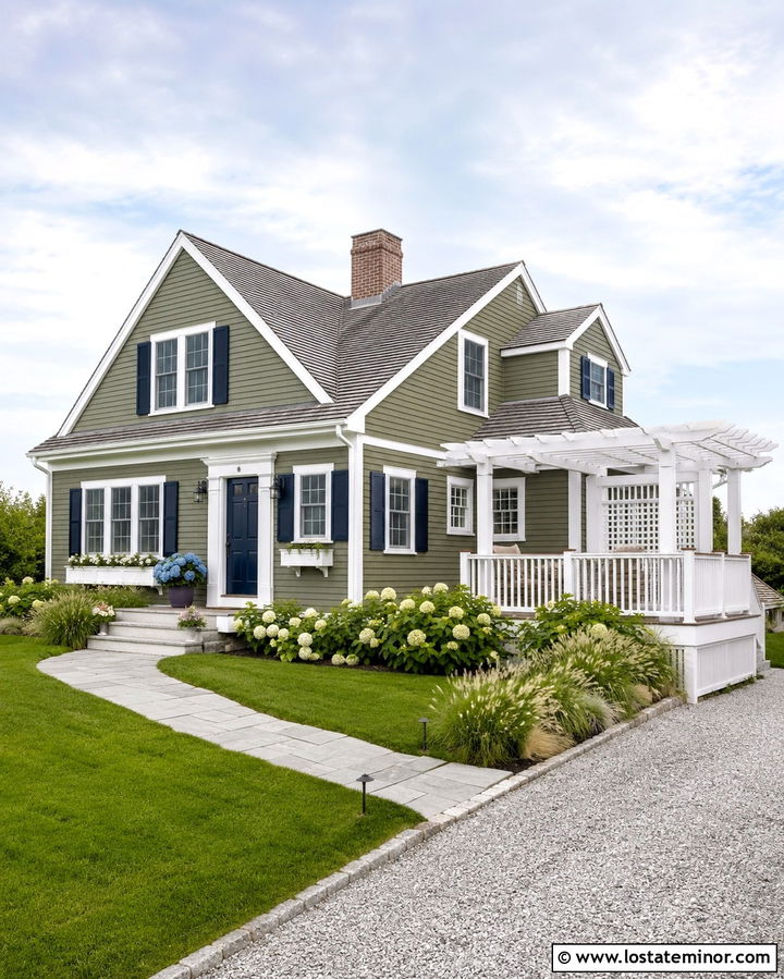 Olive Green Cape Cod With White Pergola - 30 Olive Green House Design With Pergola Ideas