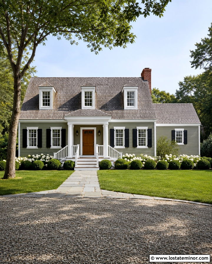 Olive Green Cape Cod With White Porch Railings - 30 Olive Green House Design With Railings Ideas