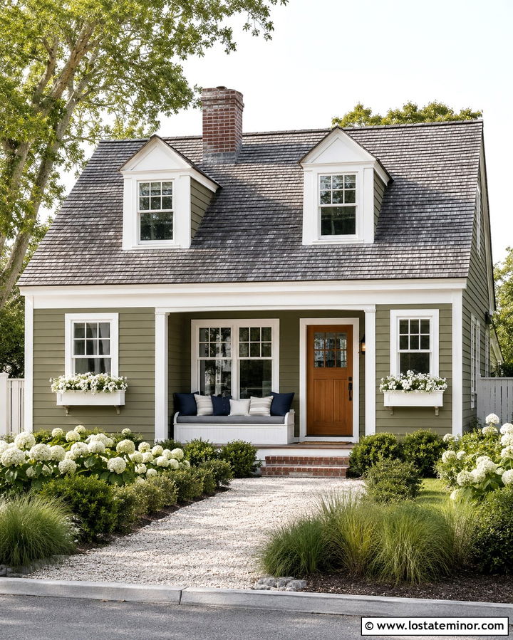 Olive Green Cape Cod With Window Daybed Porch - 30 Olive Green House Design With Daybed Ideas