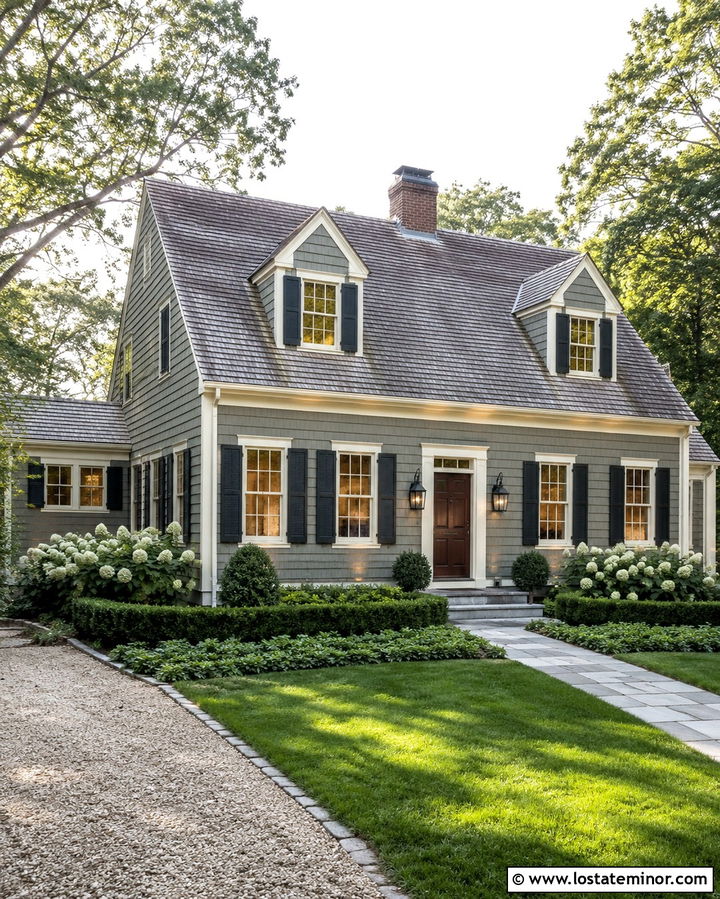 Olive Green Cape Cod With Window Uplighting - 30 Olive Green House Design With Lighting Ideas